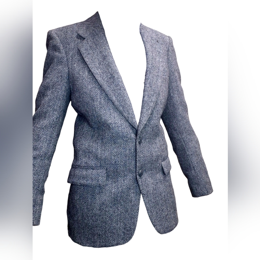 Vintage Grey/Blue Harris Tweed Jacket With Brown elbow patches by Leshman TipTop - Picture 2 of 16